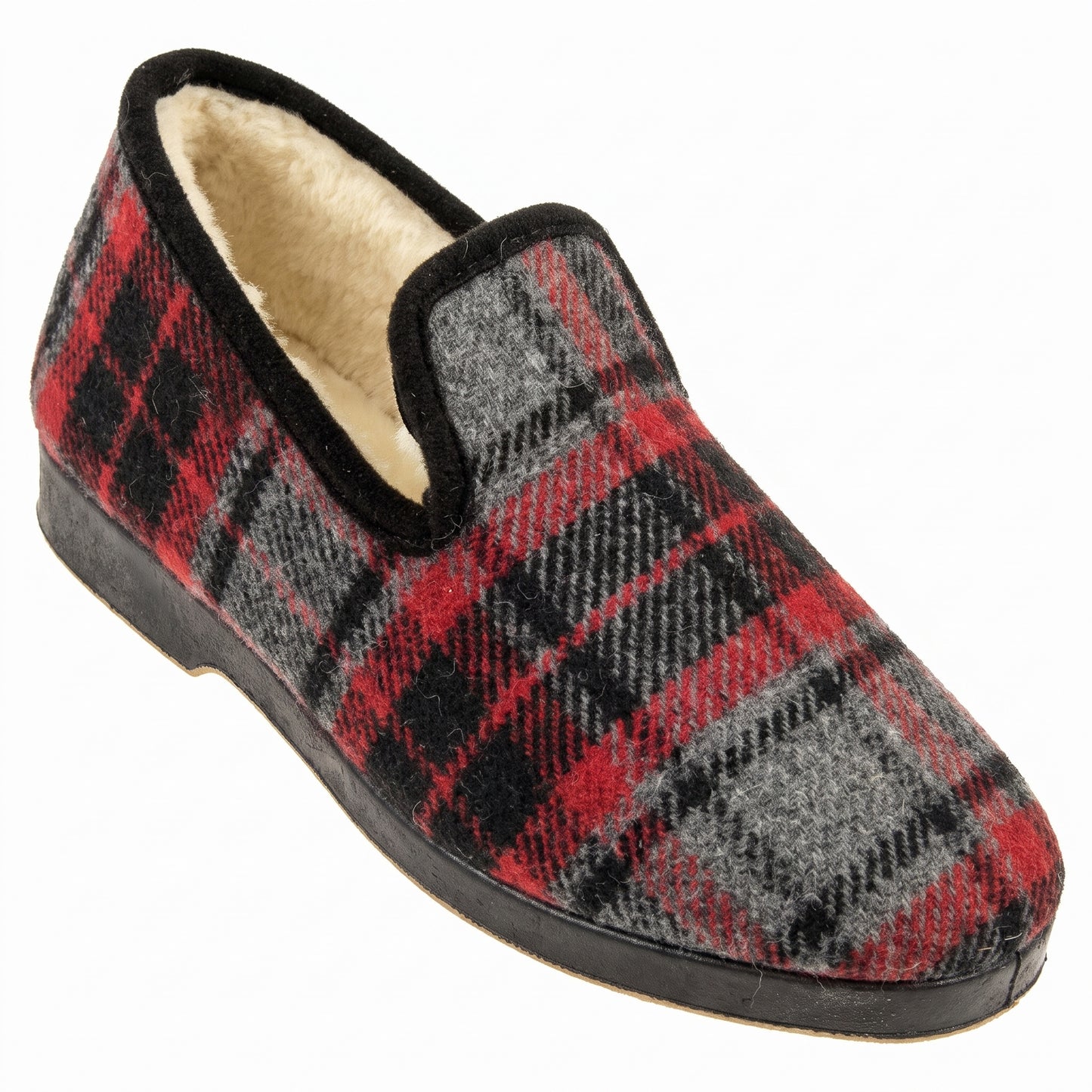Charentaises McRAMOISI tartan rouge et gris doublées en laine naturelle