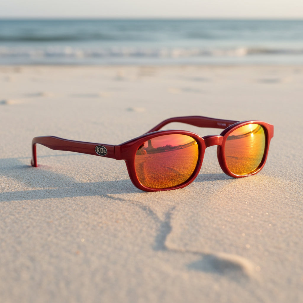 Lunettes de soleil X-KD's 10124 à monture rouge métallisé et verres or miroir posées sur une plage de sable face à la mer.