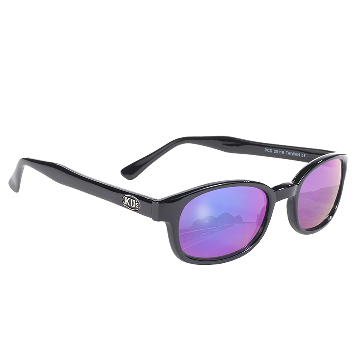 Lunettes de soleil KD's verres bleu irrisé miroir et monture noir brillant 3/4 avant droite