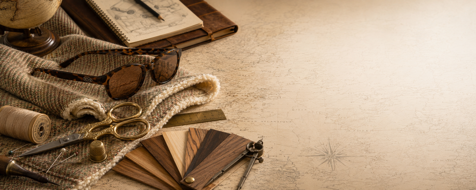 Lunettes KD's, tissus, globe terrestre et échantillons de bois représentant les différents univers de la boutique Cachalo