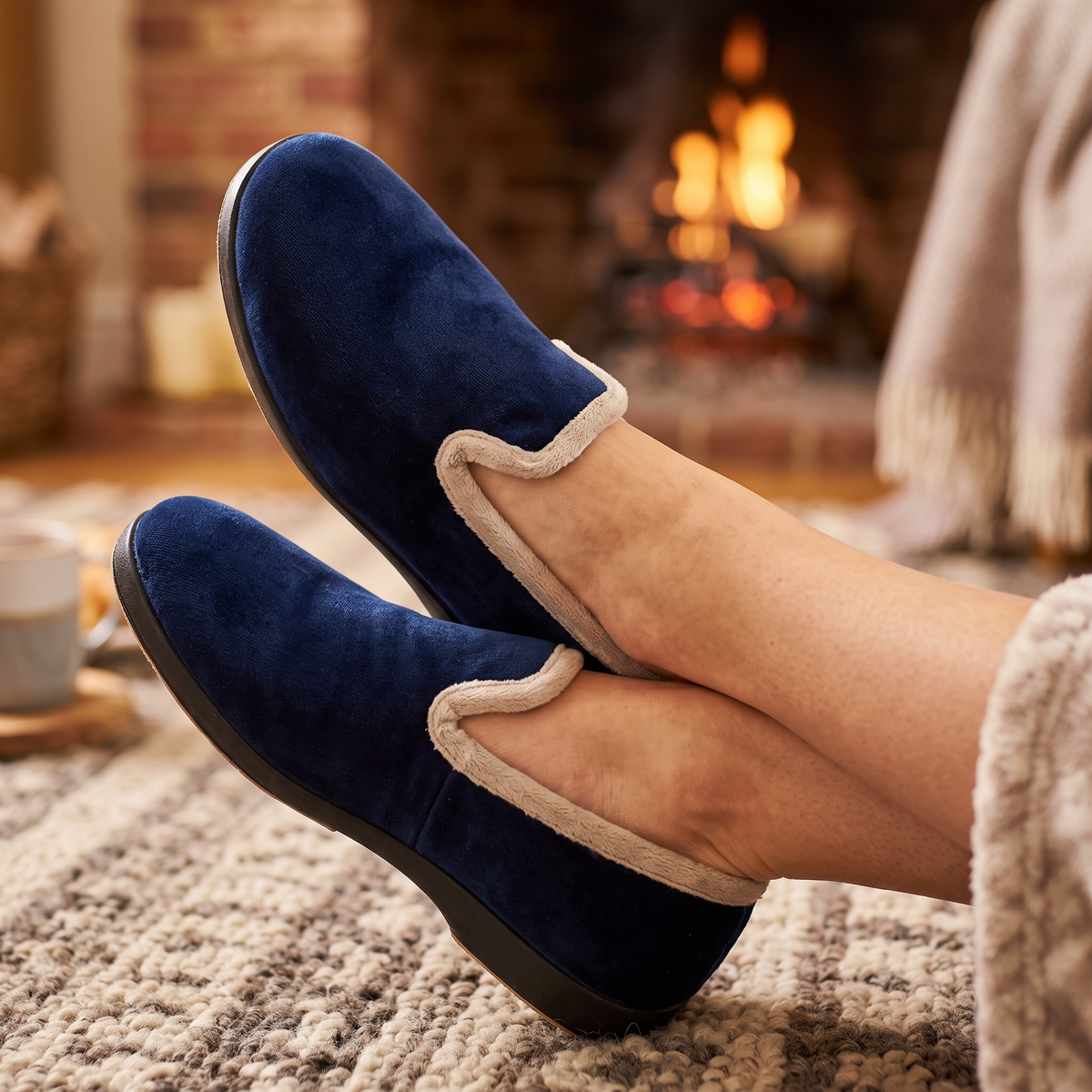 Charentaises MC LOWLAND velours bleu – doublure laine naturelle