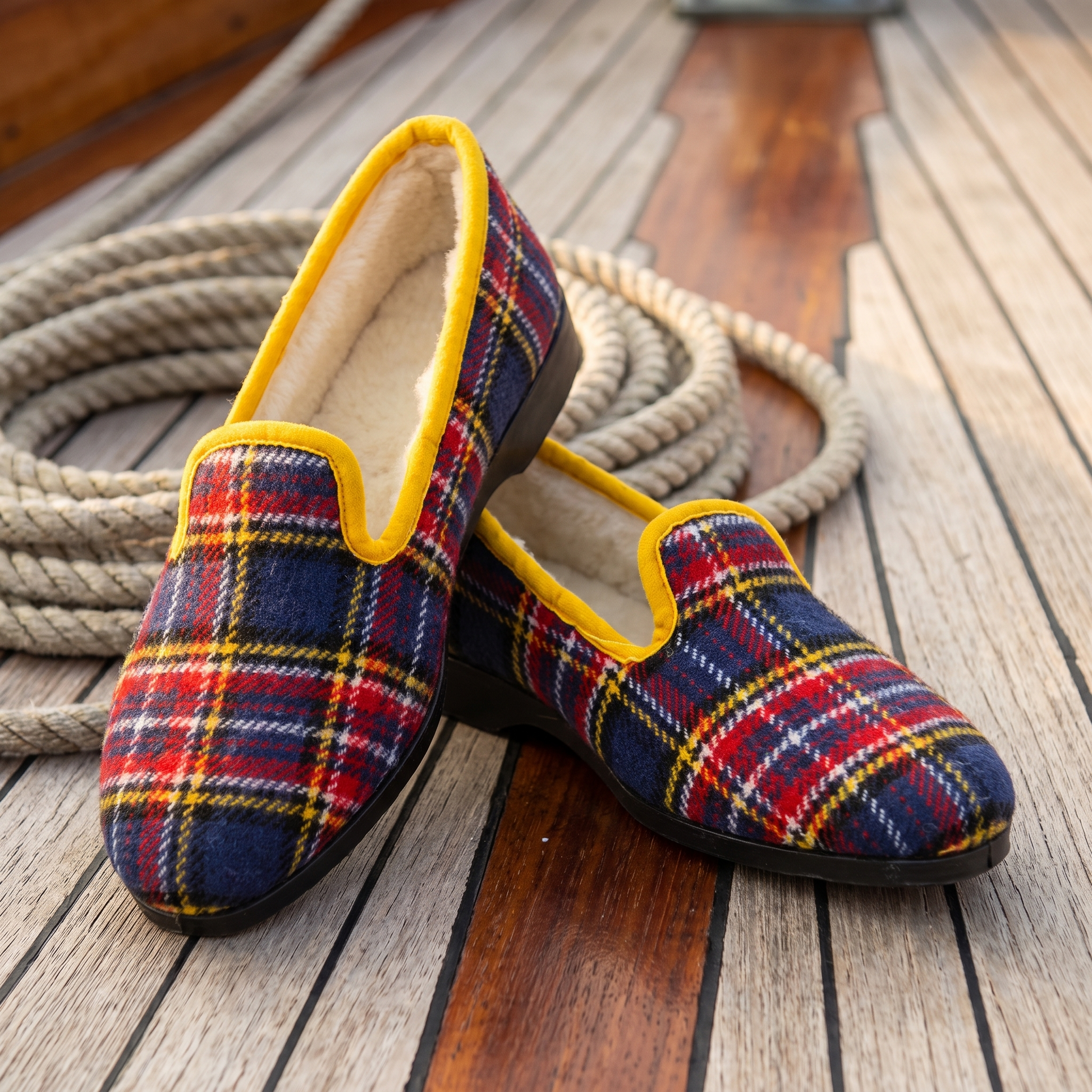 Charentaises BLUE NAVY tartan marine doublées en laine naturelle