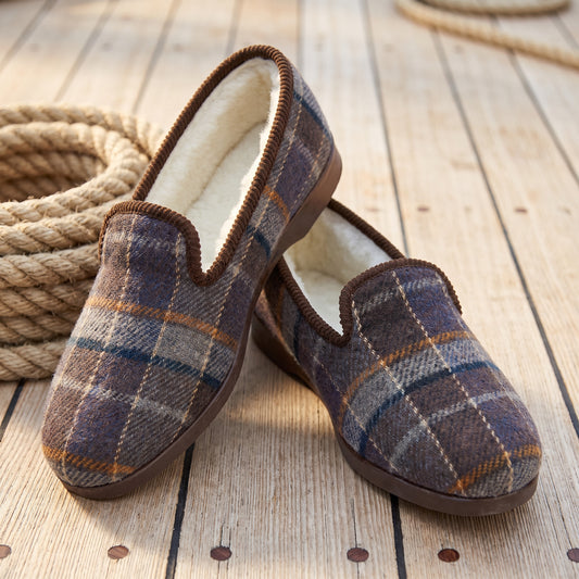 Charentaises BUCHANAN tartan marron doublées en laine naturelle