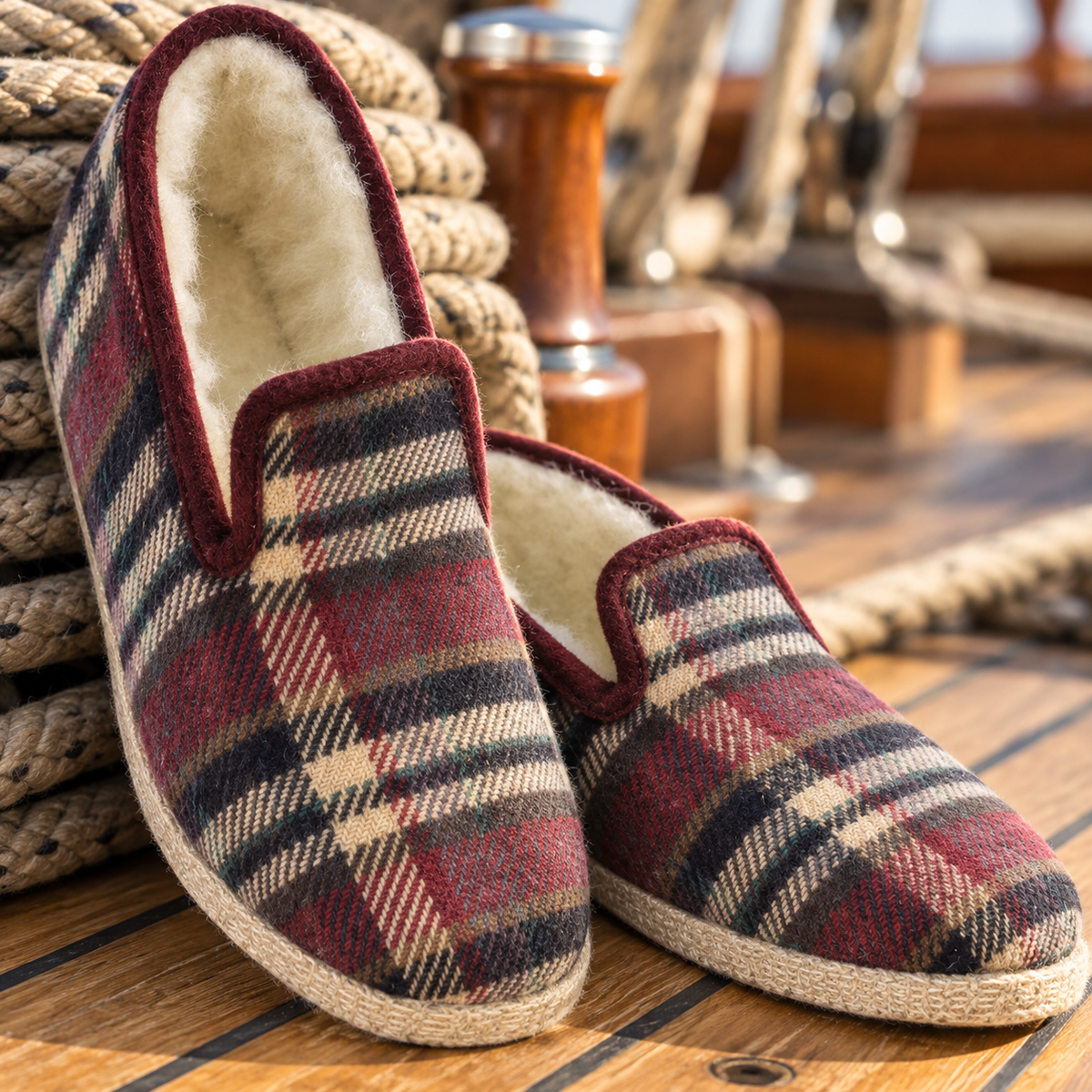 Charentaises FAMAS tartan bordeaux doublées en laine naturelle semelle feutre crepee