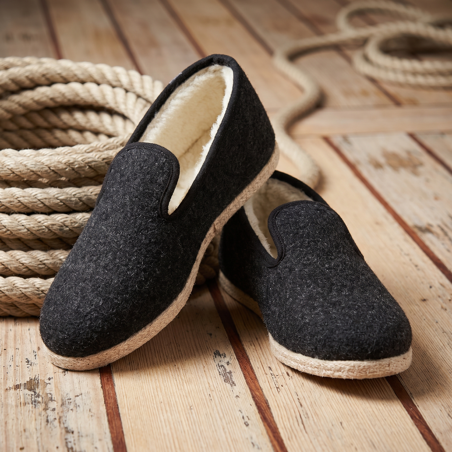 Charentaises FINISTERE anthracite doublées en laine naturelle