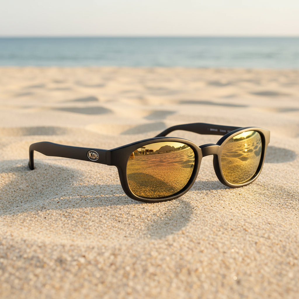 Lunettes de soleil KD's 2000 à monture noir mat et verres dorés miroir posées sur une plage de sable face à la mer.