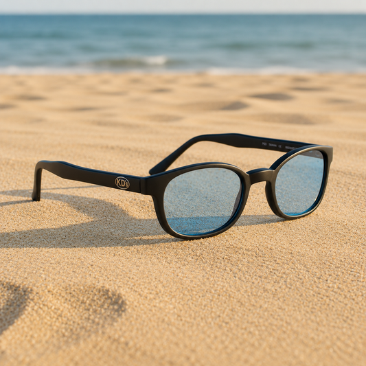 Lunettes de soleil KD's 20012 à monture noir mat et verres bleu ciel posées sur une plage de sable face à la mer.