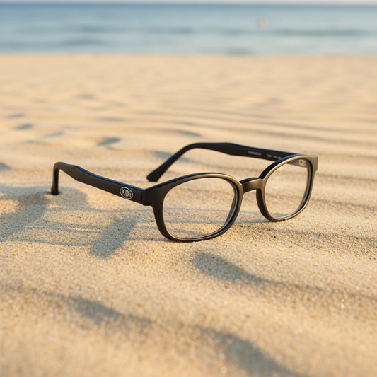 Lunettes de soleil KD's 20015 à monture noir mat et verres clairs transparents posées sur une plage de sable face à la mer.