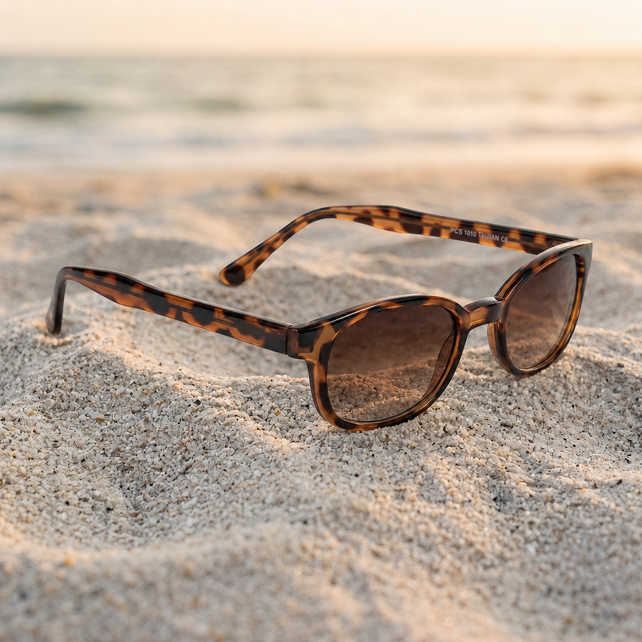 Lunettes de soleil KD's 200 à monture écaille brune et verres ambre posées sur une plage de sable face à la mer.