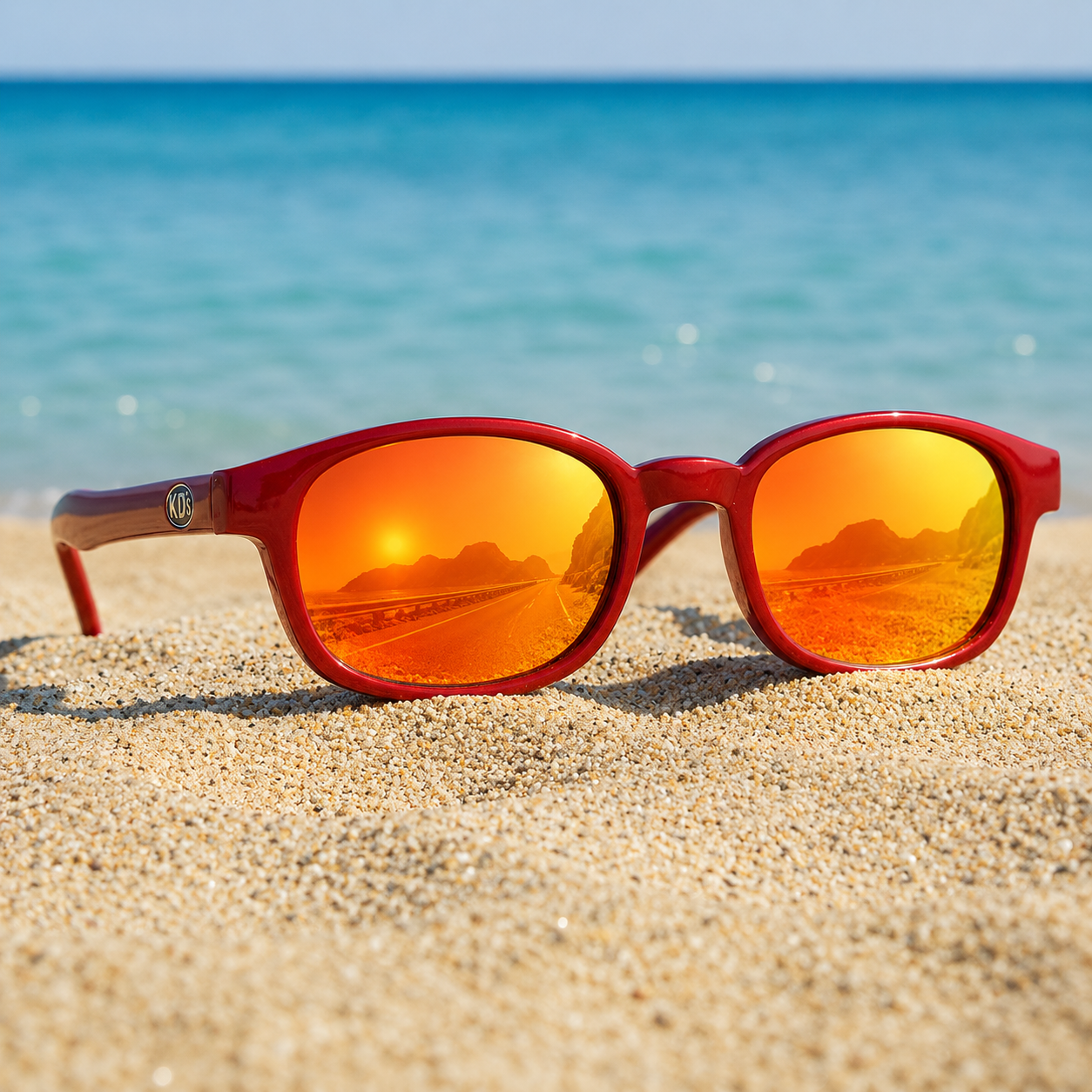 Lunettes KD's 20124 à monture rouge métal et verres miroir orange feu posées sur une plage de sable face à la mer.