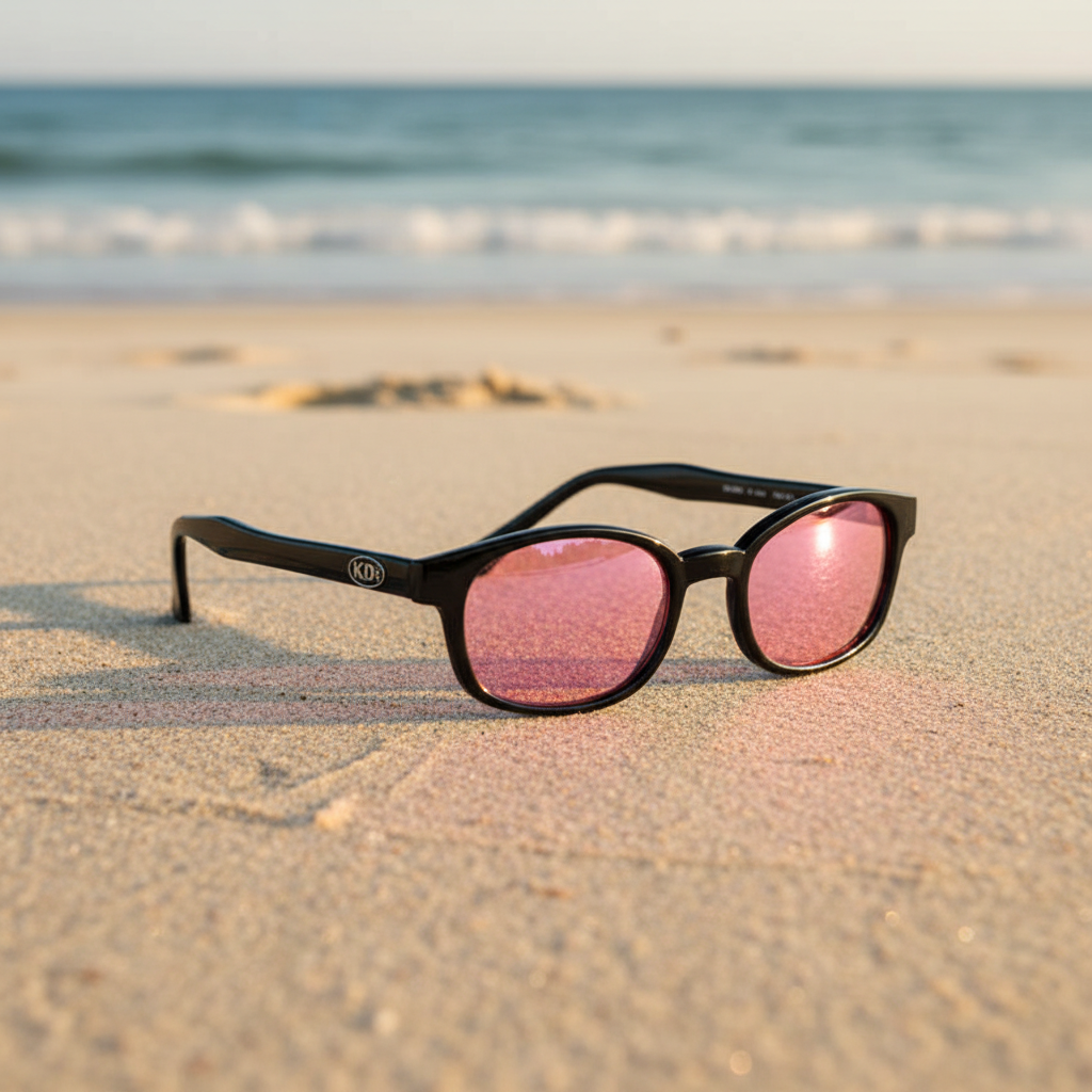 Lunettes de soleil KD's 2014 à monture noir brillant et verres rose posées sur une plage de sable face à la mer.