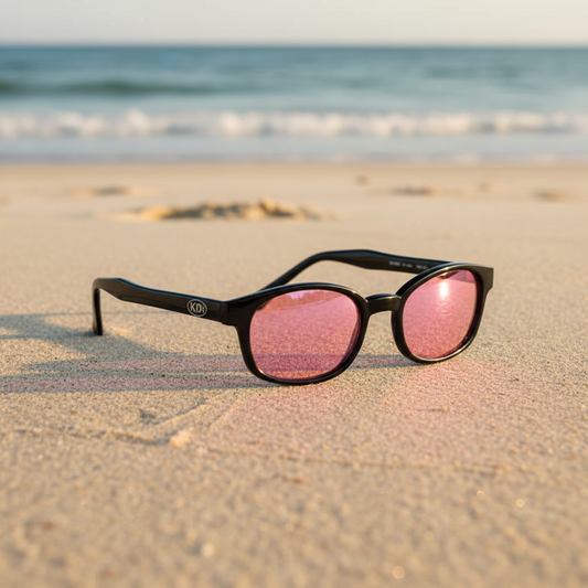 Lunettes de soleil KD's 2014 à monture noir brillant et verres rose posées sur une plage de sable face à la mer.