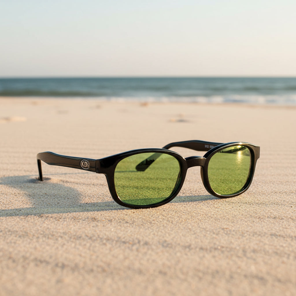 Lunettes de soleil KD's 2016 à monture noir brillant et verres verts posées sur une plage de sable face à la mer.