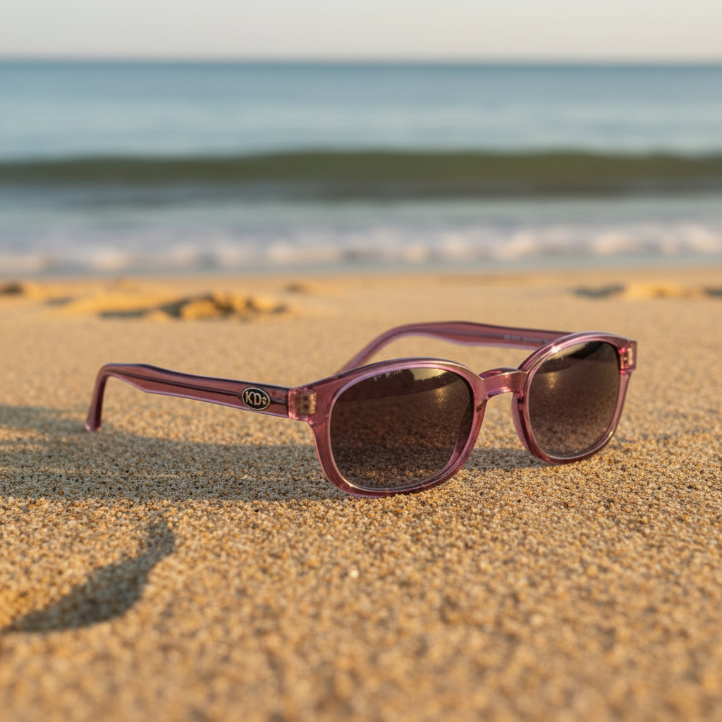 Lunettes de soleil KD's 2116 à monture rose translucide et verres fumés posées sur une plage de sable face à la mer.