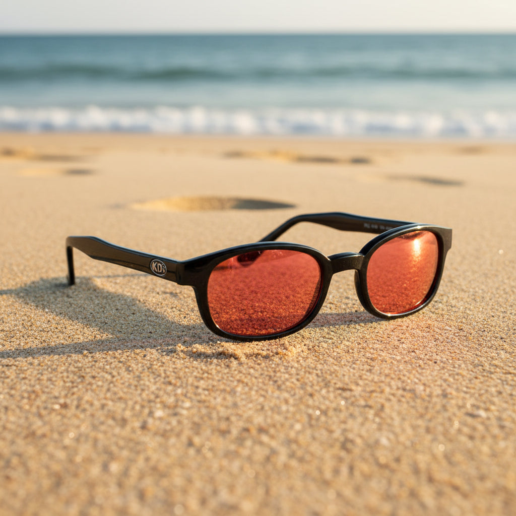 Lunettes de soleil KD's 2128 à monture noir brillant et verres orange posées sur une plage de sable face à la mer.