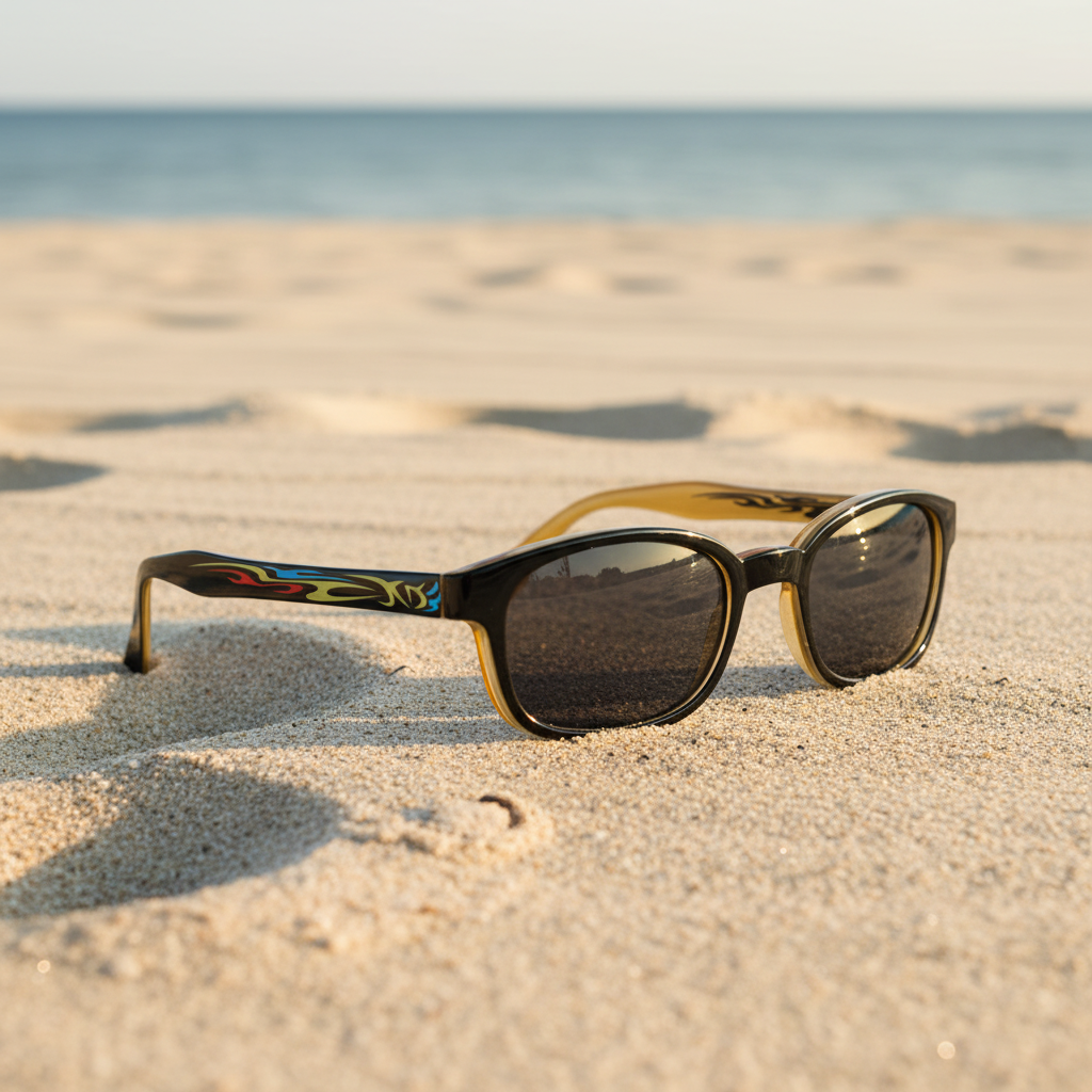 Lunettes de soleil KD's 5400 Primal à branches décorées et verres fumés posées sur une plage de sable face à la mer.