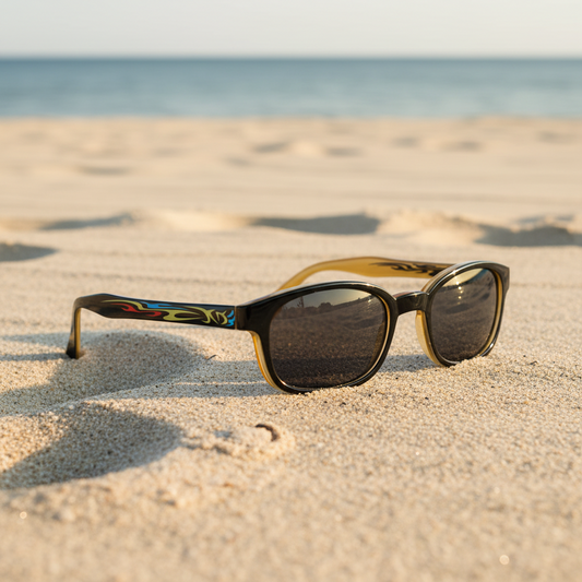 Lunettes de soleil KD's 5400 Primal à branches décorées et verres fumés posées sur une plage de sable face à la mer.