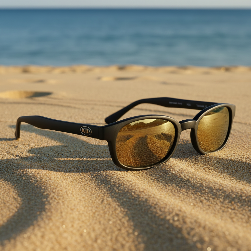 Lunettes de soleil X-KD's 1000 à monture noir mat et verres dorés miroir posées sur une plage de sable face à la mer.