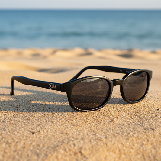 Lunettes de soleil X-KD's 10010 à monture noir mat et verres fumés posées sur une plage de sable face à la mer.