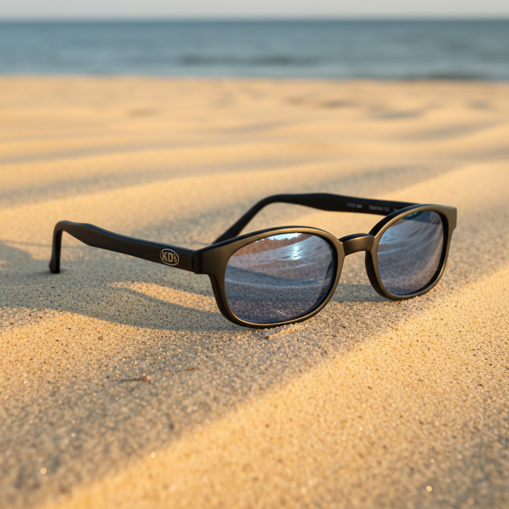 Lunettes de soleil x-KD's 10012 à monture noir mat et verres bleu clair posées sur une plage de sable face à la mer.