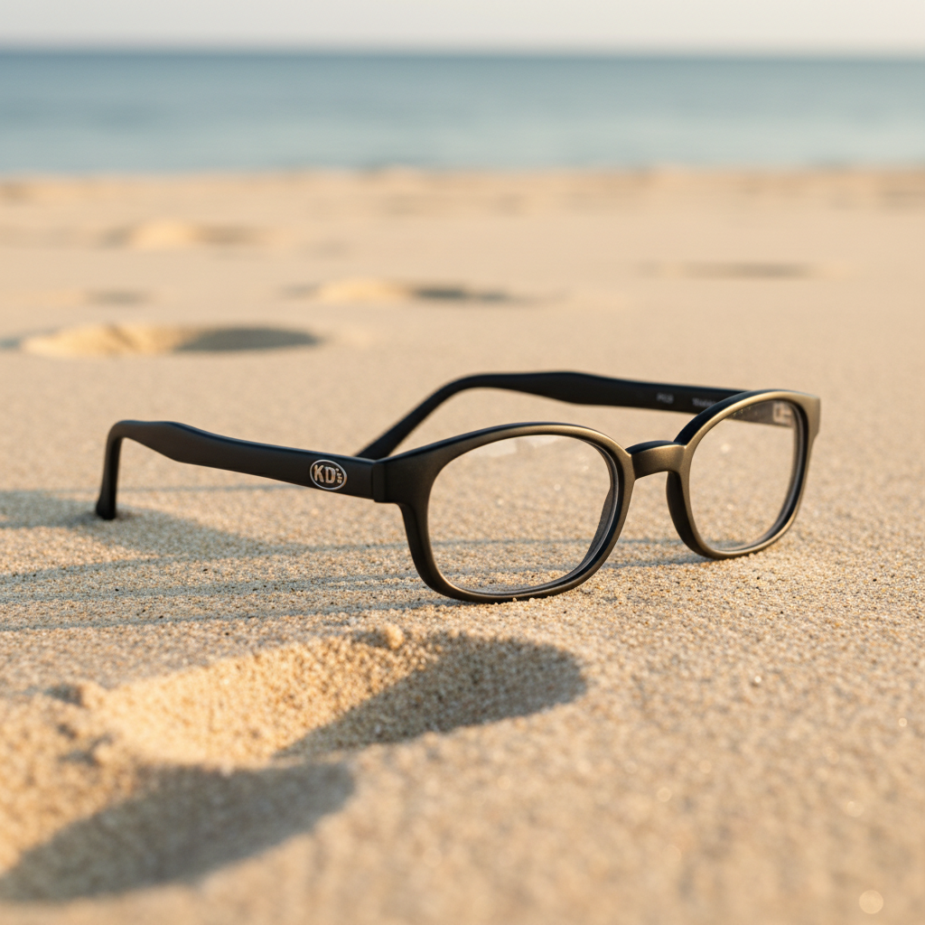Lunettes X-KD's 10015 à monture noir mat et verres clairs posées sur une plage de sable face à la mer.