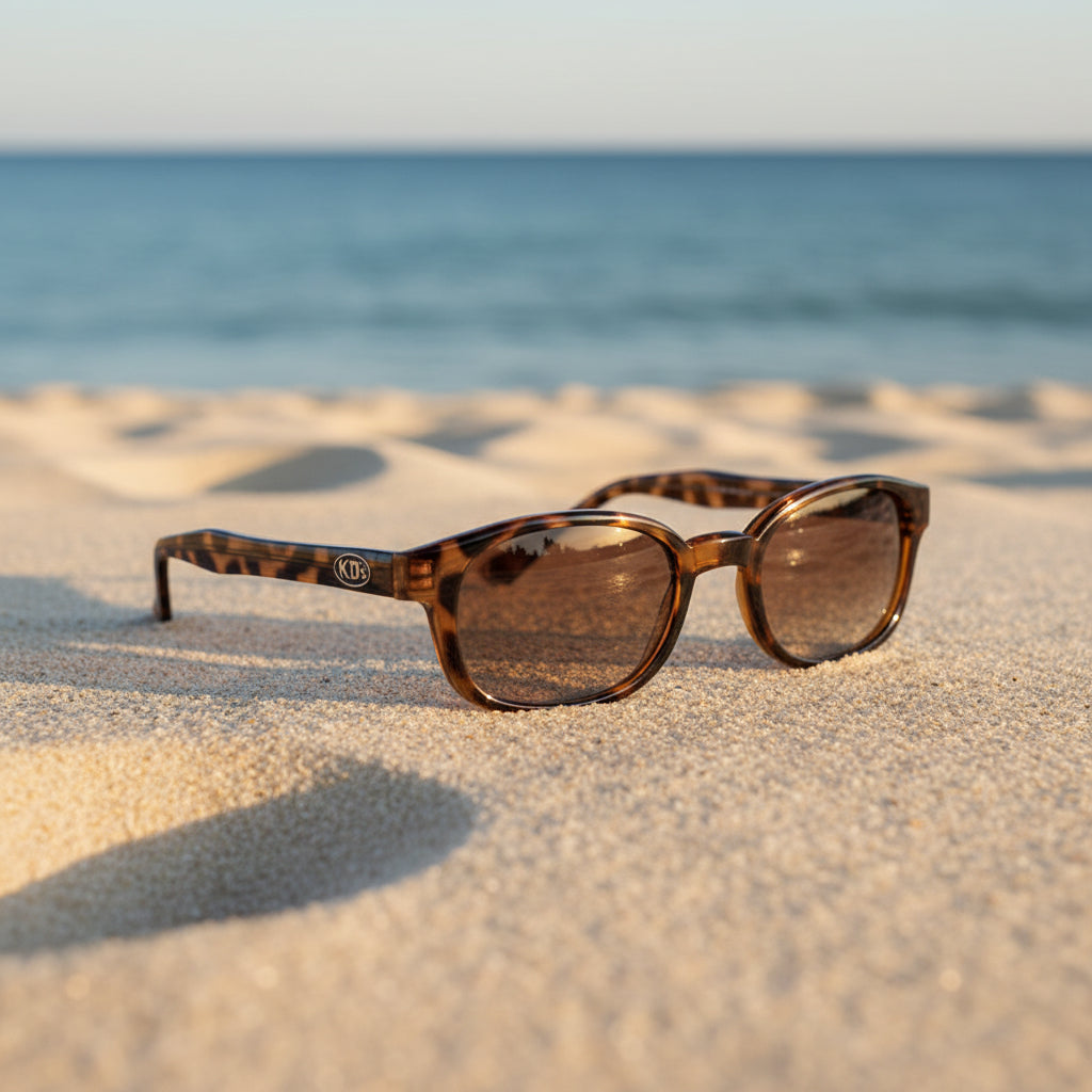 Lunettes de soleil X-KD's 10029 polarisées à monture écaille et verres ambrés posées sur une plage de sable face à la mer.