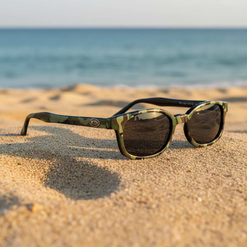 Lunettes de soleil X-KD's 1021 camouflage militaire à verres fumés posées sur une plage de sable face à la mer.