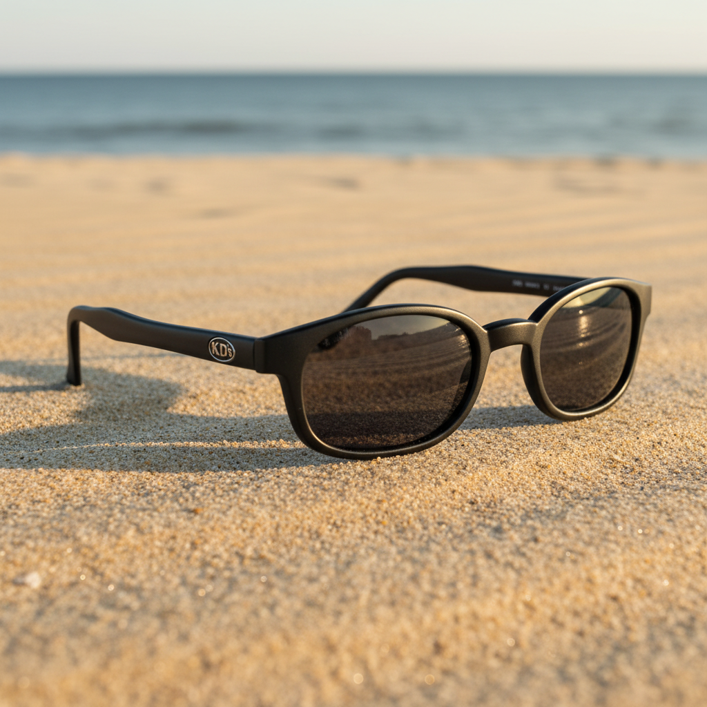 Lunettes de soleil X-KD's 11120 à monture noir mat et verres gris foncé posées sur une plage de sable face à la mer.