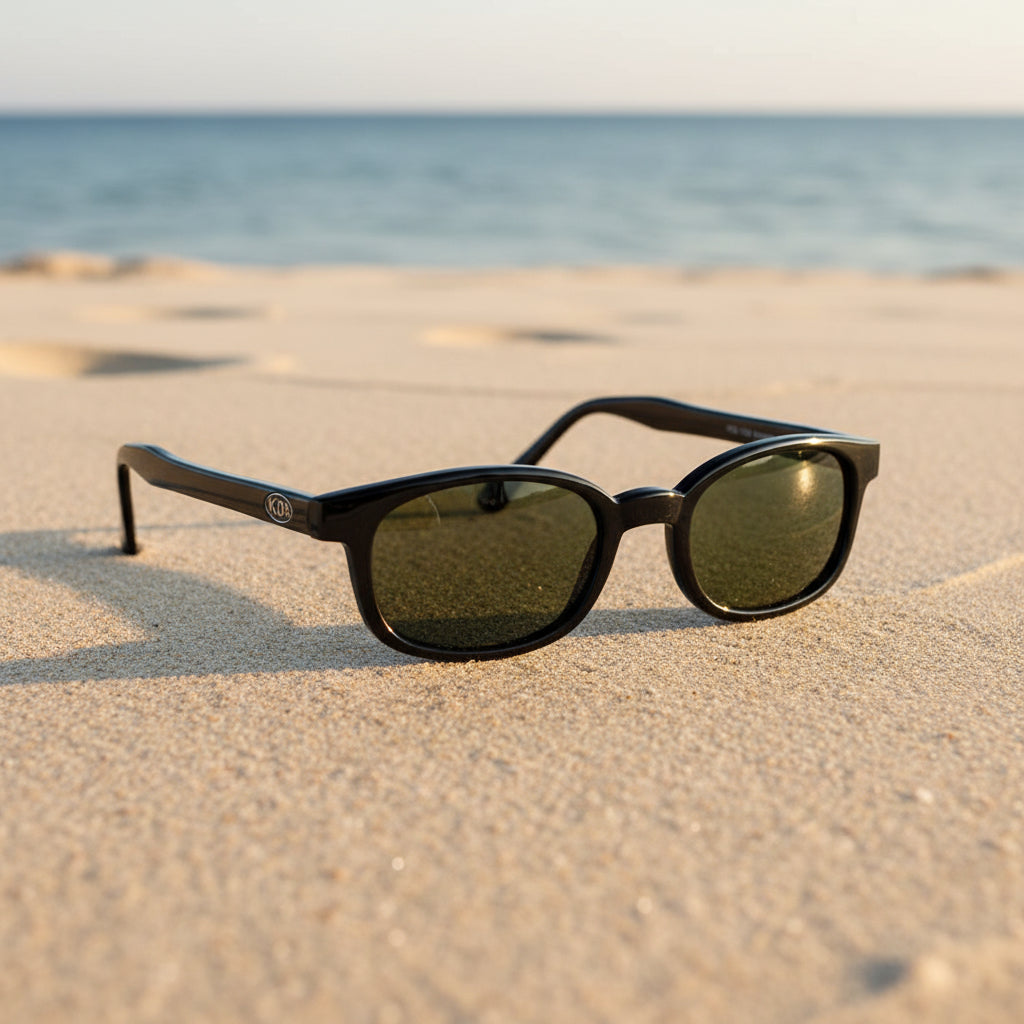 Lunettes de soleil X-KD's 1126 à monture noir brillant et verres vert foncé posées sur une plage de sable face à la mer.
