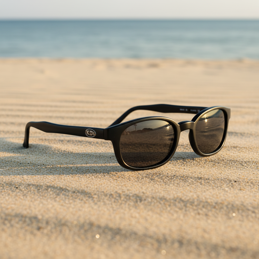 Lunettes de soleil KD's 20010 à monture noir mat et verres fumés posées sur une plage de sable face à la mer.