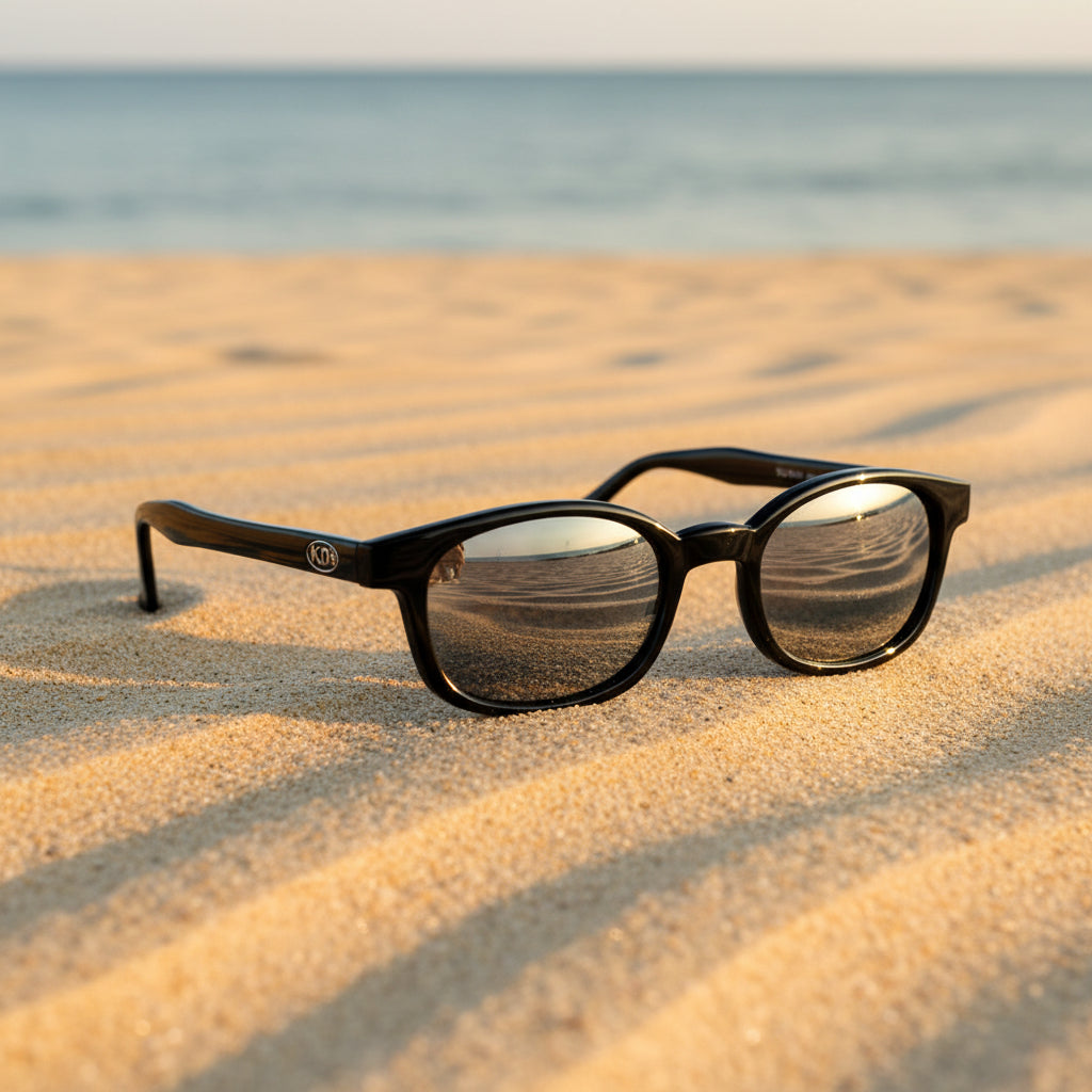 Lunettes de soleil X-KD's 11010 à monture noir brillant et verres argent miroir posées sur une plage de sable face à la mer.